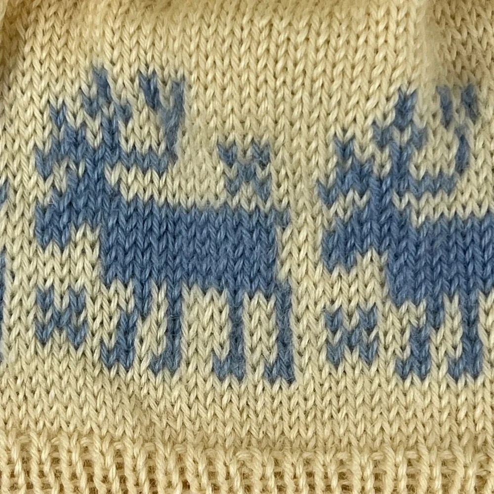 Kids Reindeer Fair Isle Knit Beanie‎ Cream Blue Pom Pom Winter Hat Handcrafted